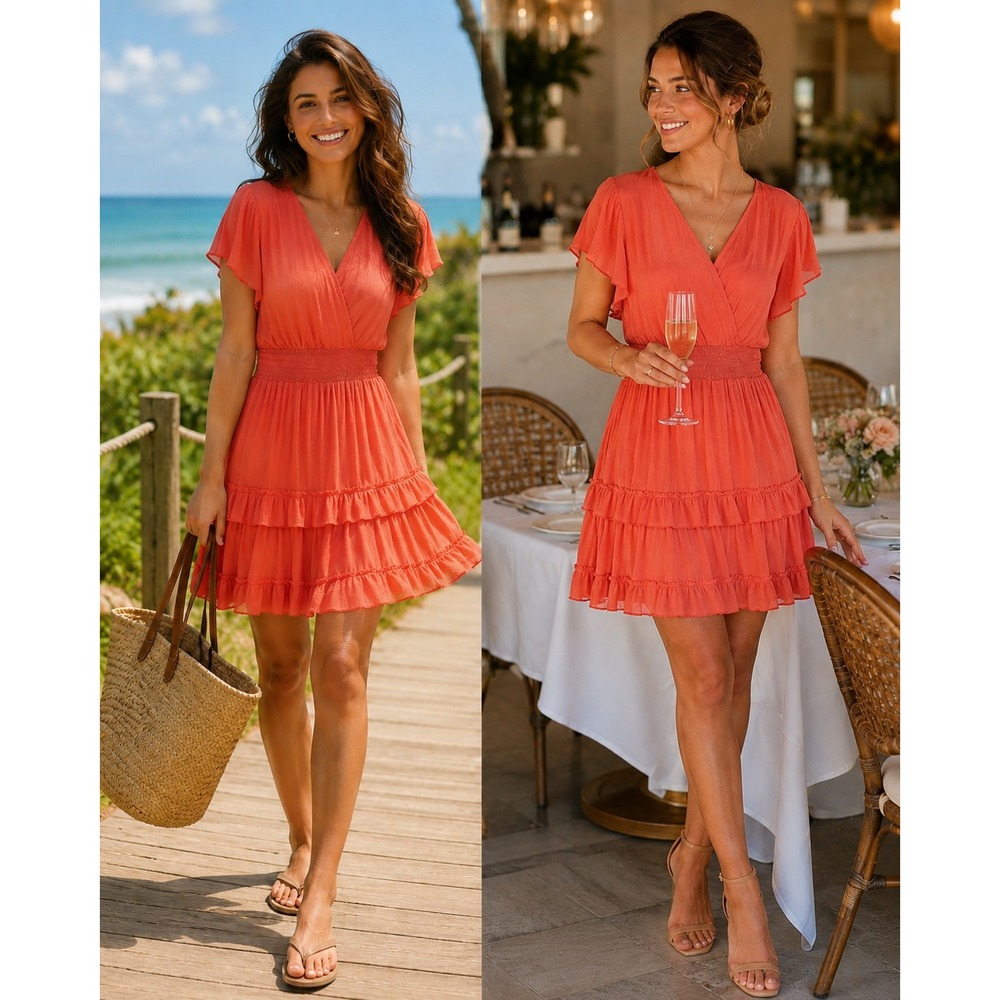 Altar'd State Dress Coral Ruffle Smocked Waist Boho Mini Size M